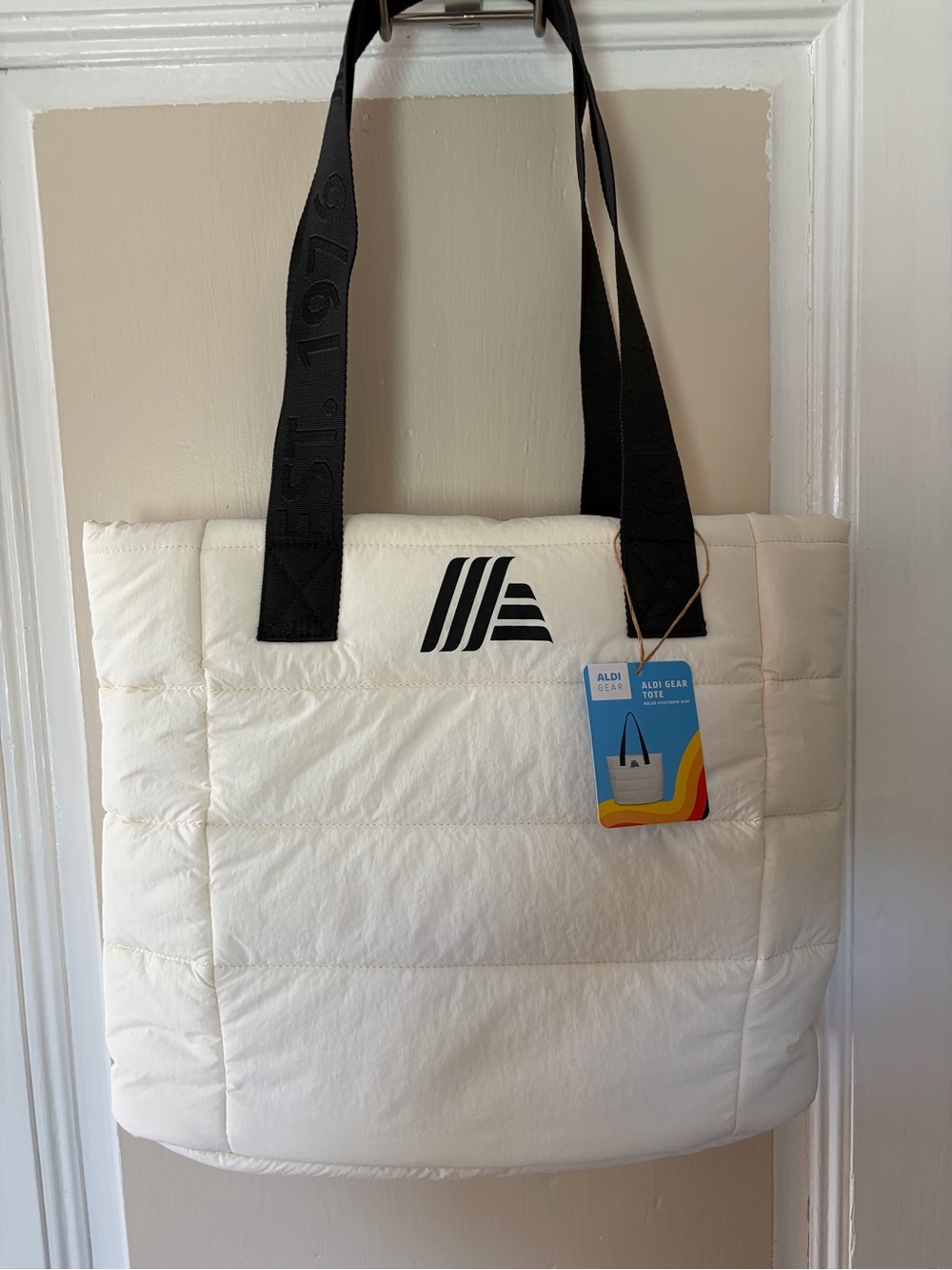 Aldi Gear Puffer Tote in White with Black Straps